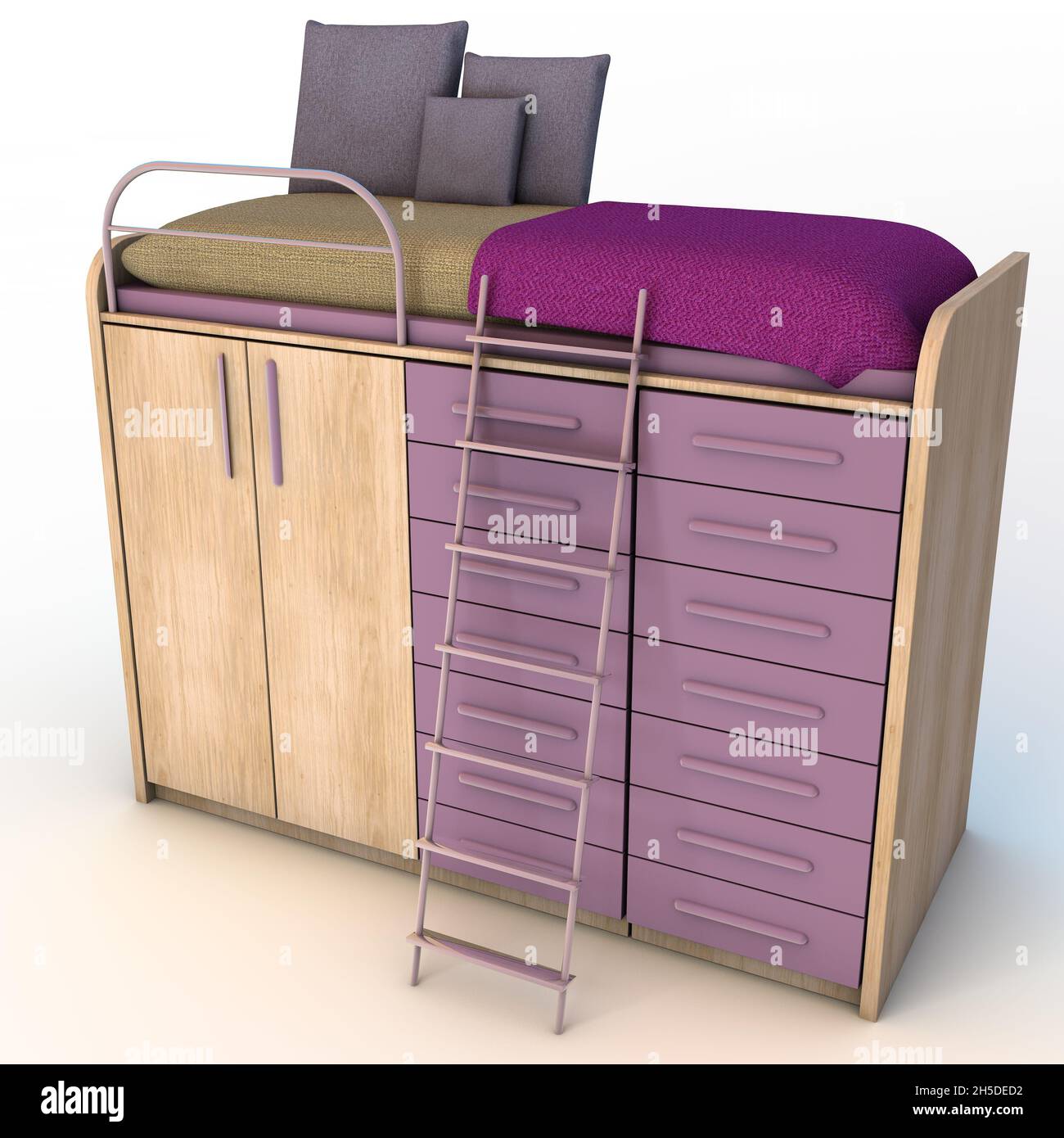 3D render of a bed with drawers on its lower part and a ladder resting ...
