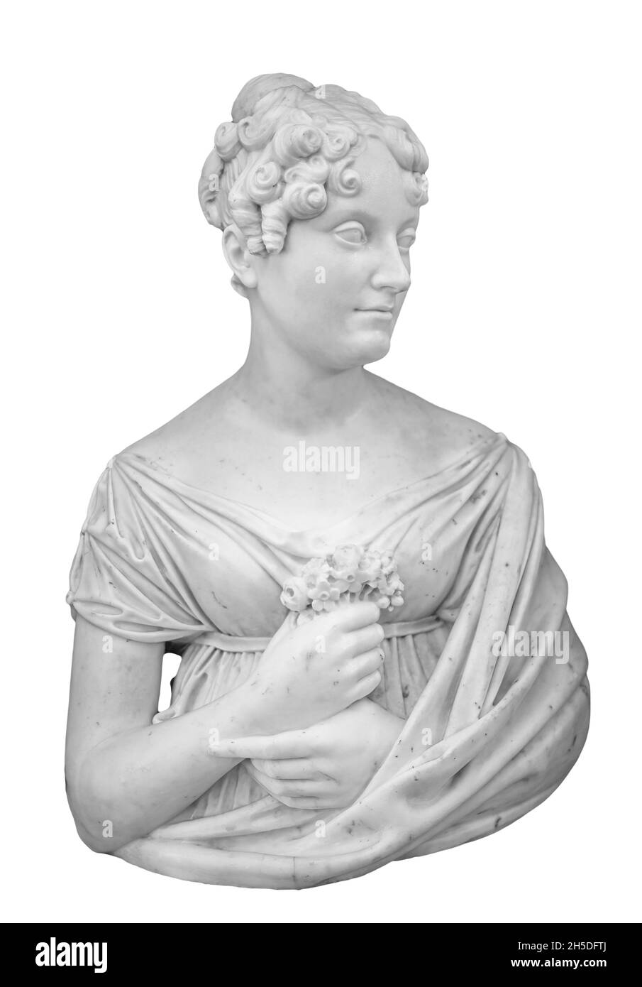 Gypsum copy of ancient statue of thinking young lady isolated on white background. Side view of plaster sculpture woman face Stock Photo