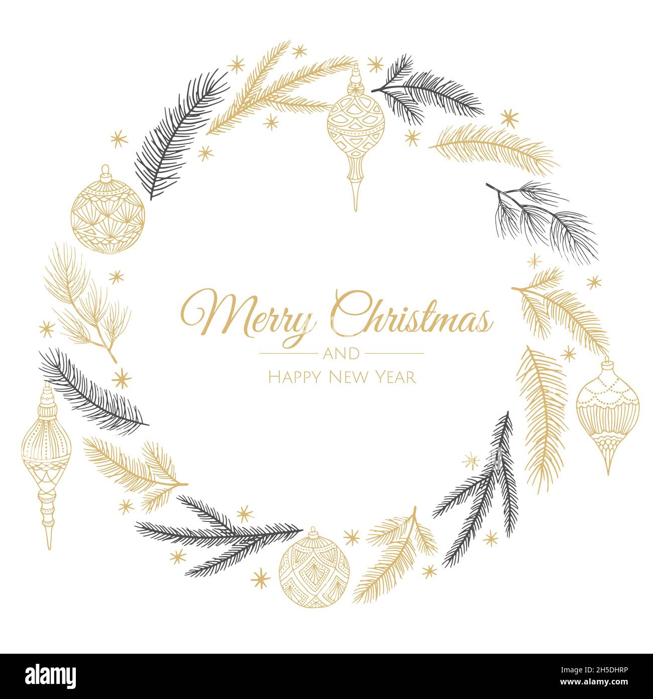 Merry Christmas and New Year Card with Pine Wreath, Mistletoe, Winter ...
