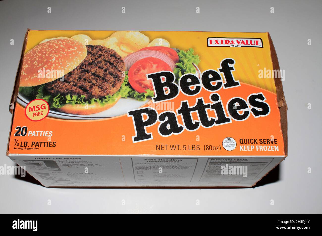 Extra Value Beef Patties shot closeup in a box in Kansas that's bright