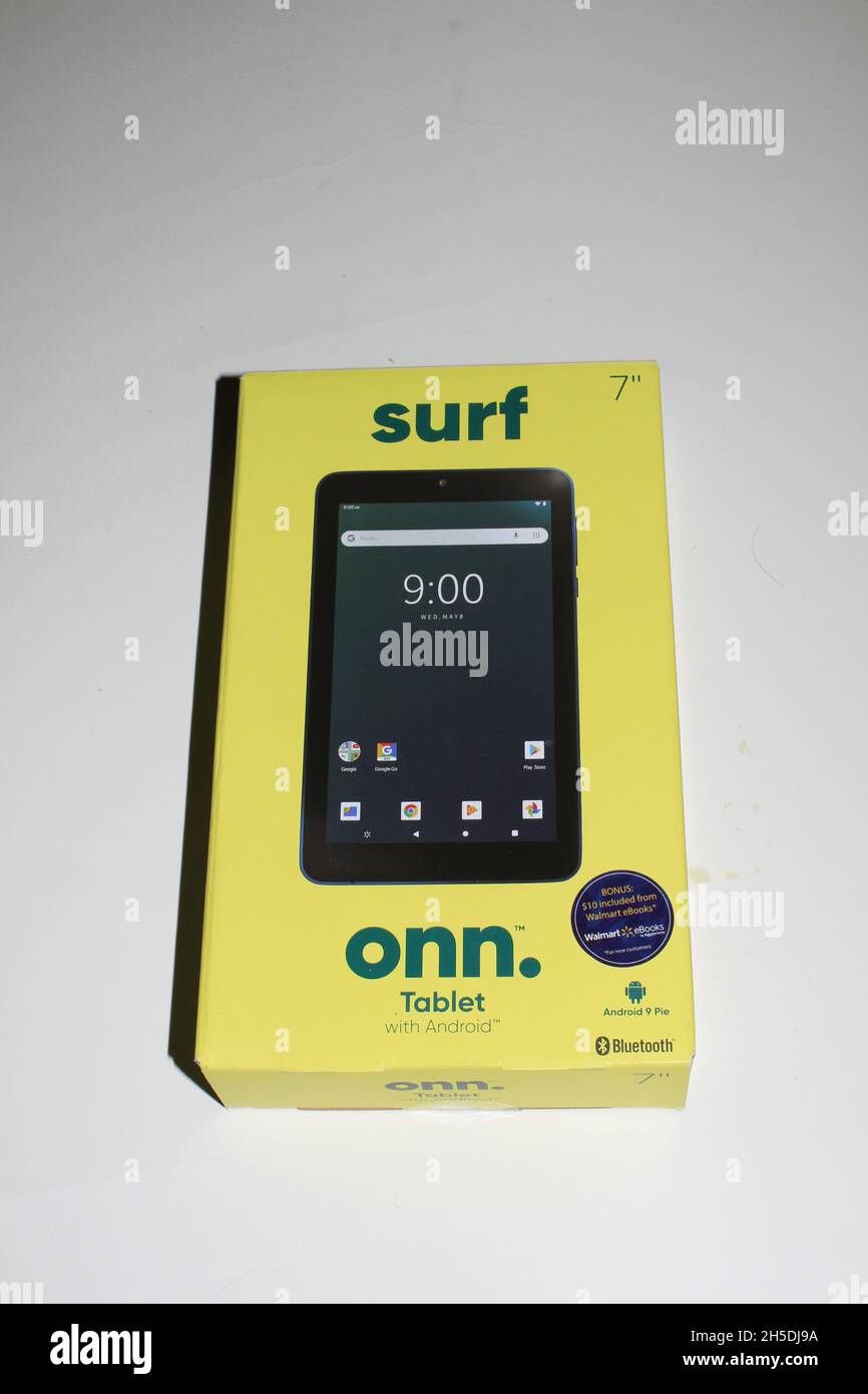 A closeup of a ONN Tablet from Walmart in a bright green box shot closeup that's bright and colorful. Stock Photo