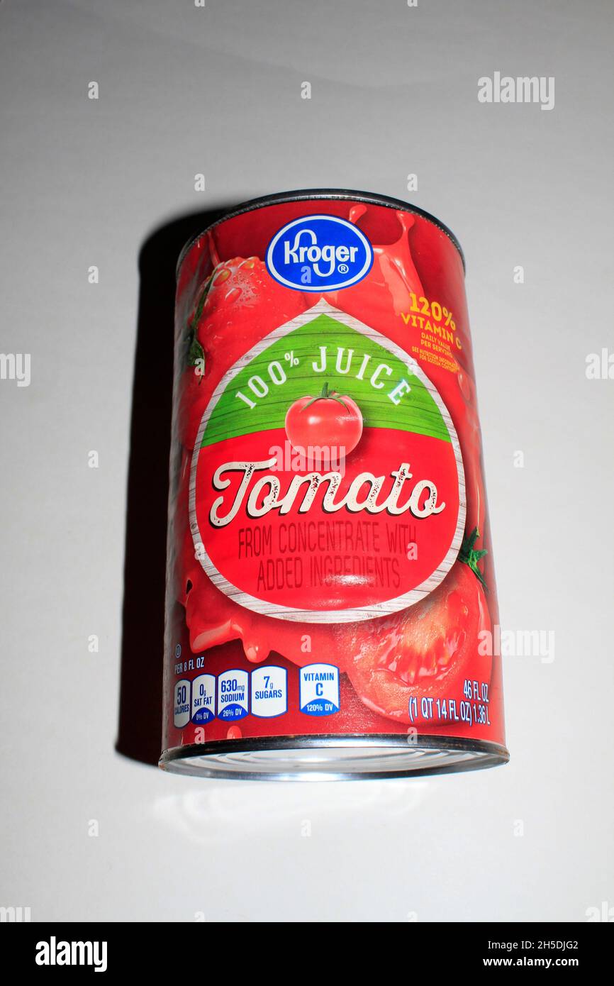 Kroger Tomato Juice in a can shot closeup that's bright and colorful