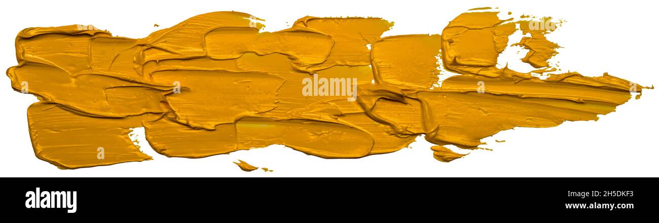 Vector yellow oil brush stroke. Abstract varnish splash trace shape. Glossy oil paint smear long line on white background.  EPS10 illustration. Stock Vector