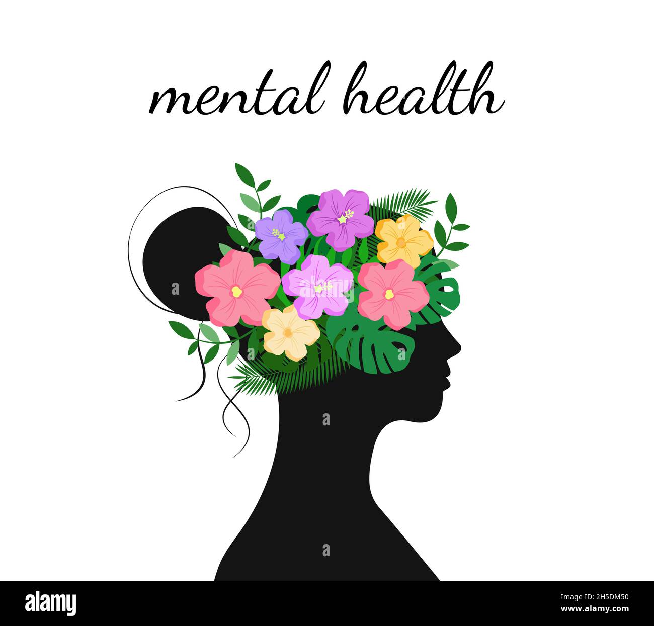 Mental health concept. Flowers and leaves on head of woman. World mental health day. Vector