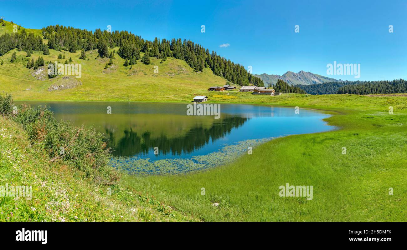 Lac de Bretaye *** Local Caption ***  Villars-sur-Ollon, Switzerland, landscape, field,  meadow, water, summer, mountains, lake, Stock Photo