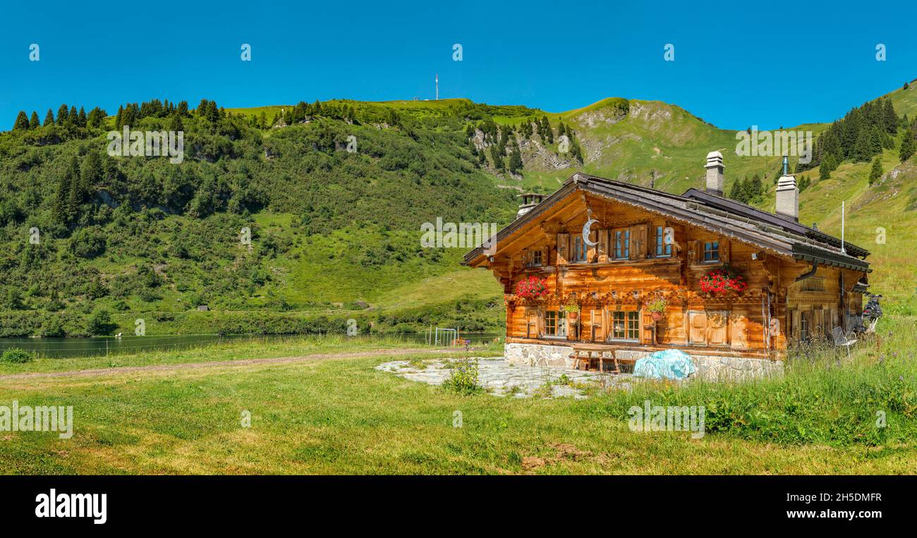 A chalet near Lac de Bretaye *** Local Caption ***  Villars-sur-Ollon, Switzerland, landscape, field, meadow, summer, mountains, hills, Stock Photo