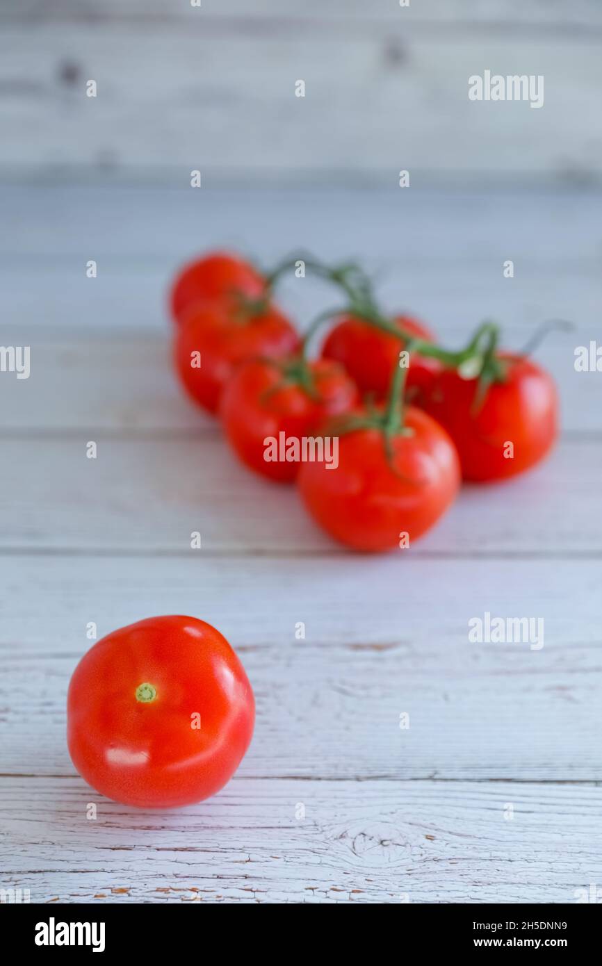 Freshly picked home grown organic vine ripened healthy tomatoes. Stock Photo