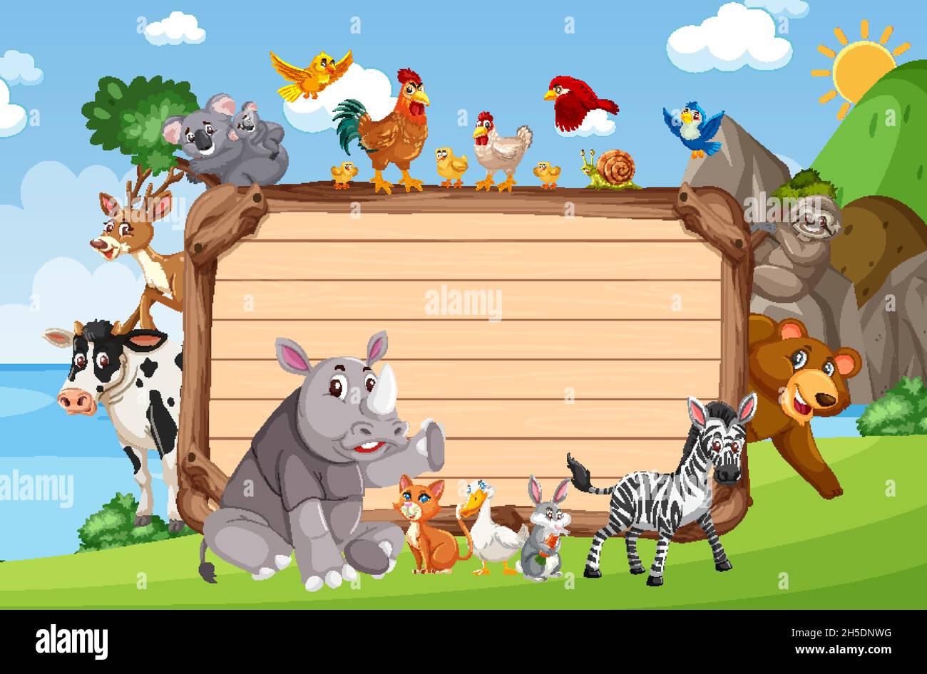 Empty wooden board with various wild animals in the forest illustration ...