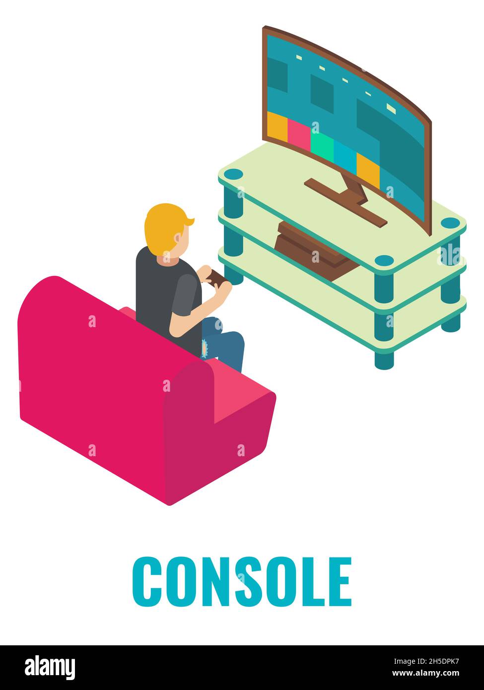 Young man playing video console game, vector isometric illustration