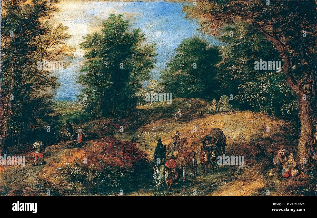 Jan Brueghel the Elder, Landscape with Travelers on a Woodland Path, painting, circa 1607 Stock Photo