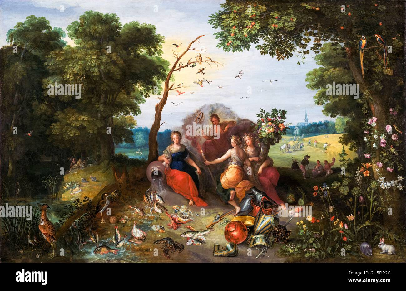Jan Brueghel the Younger & Frans Francken the Younger, Landscape with Allegories of the Four Elements, painting, 1635 Stock Photo
