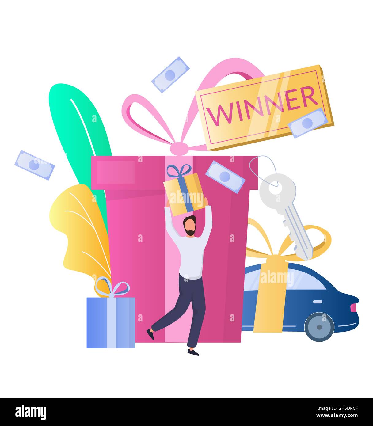 Happy man, lucky prize winner with gift box, flat vector illustration ...