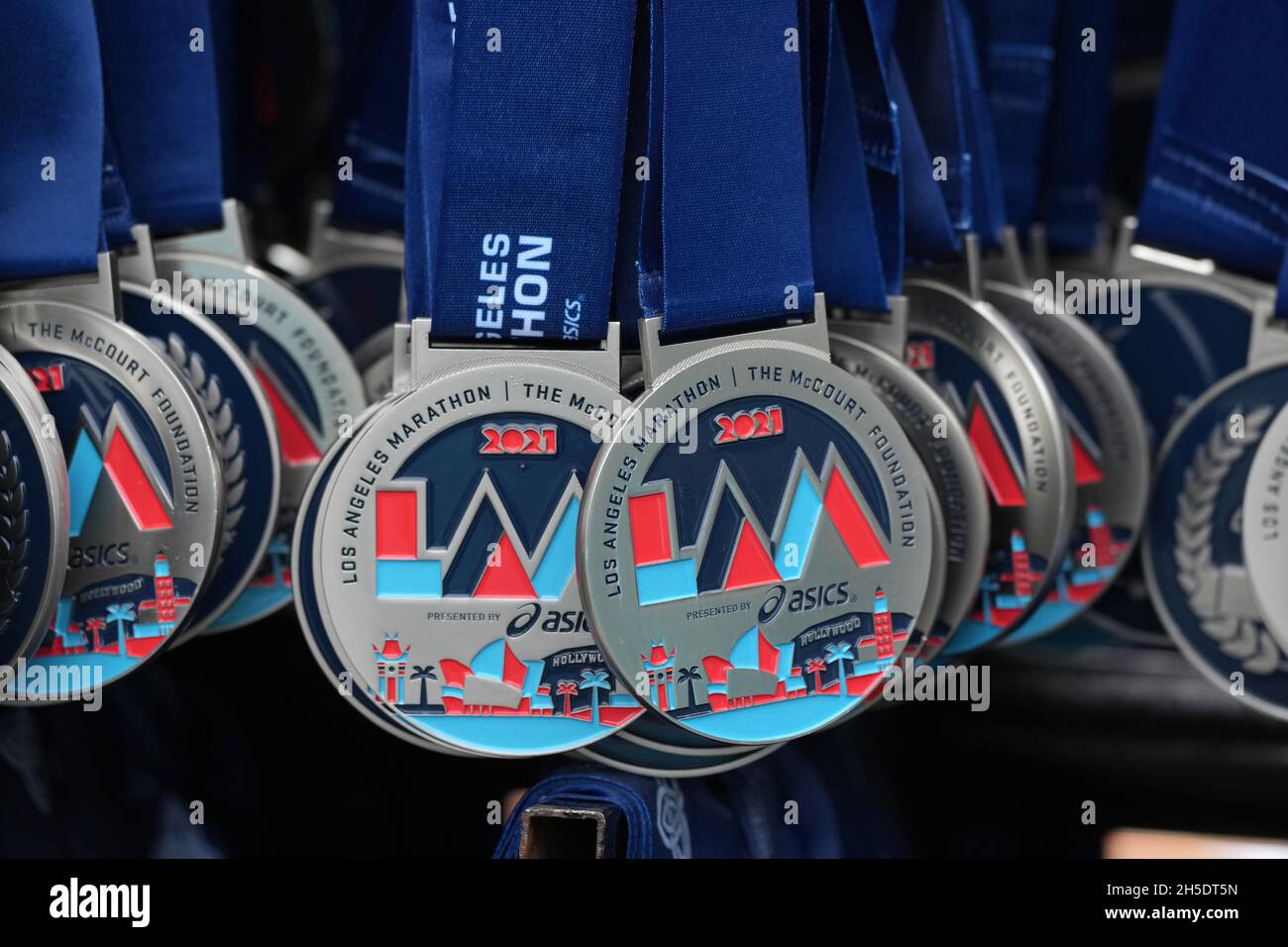 A detailed view of finisher's medals at the 36th Los Angeles Marathon