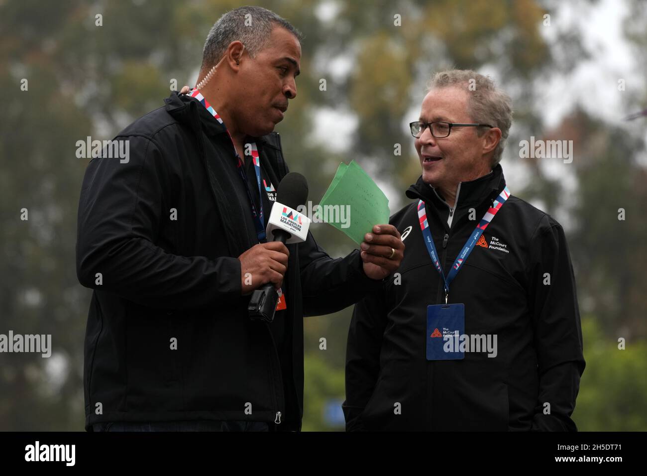 KTLA 5 television news anchor Chris Schauble (left) interviews The McCourt Foundation president