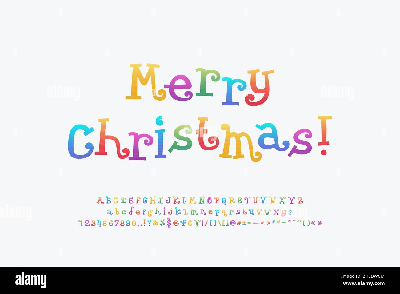 Decorative banner Merry Christmas with funny colorful letters on white background. Multicolor curly alphabet and numbers set. Stock Vector