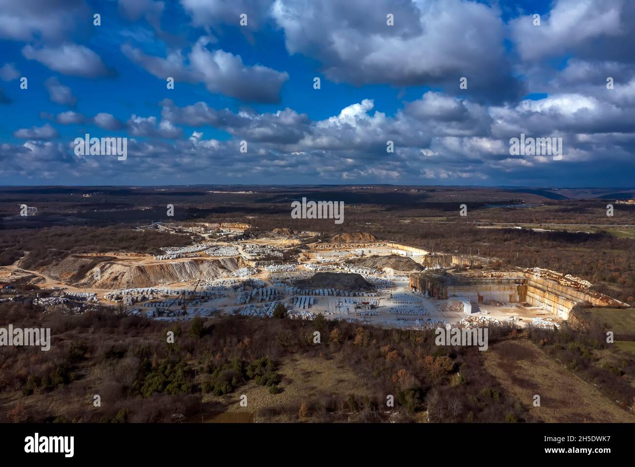 an aerial view of quarry and surroundings at dusk Stock Photo