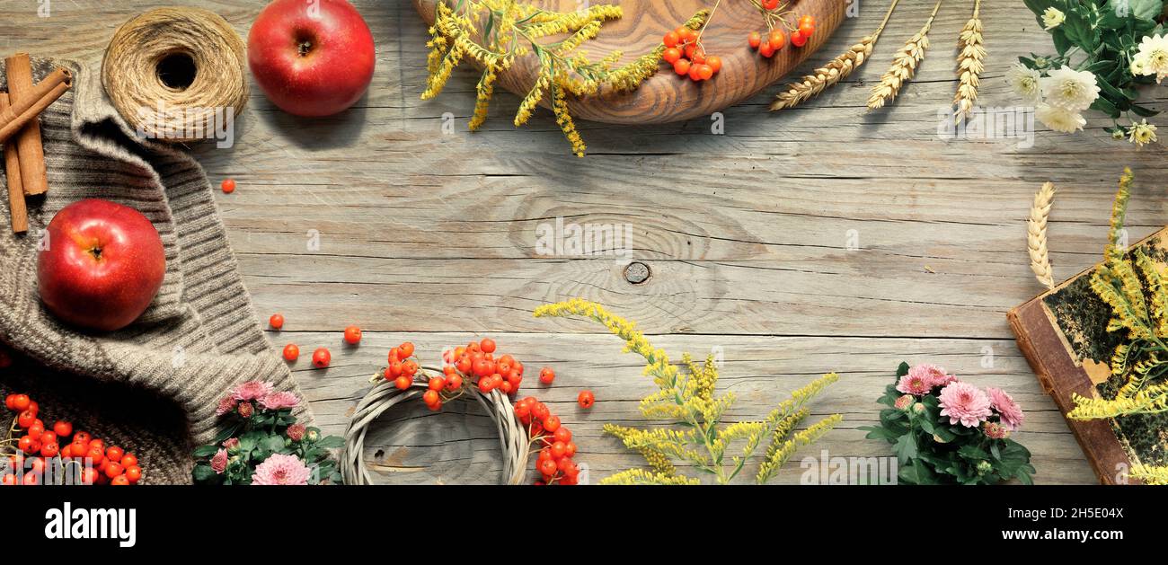 Thanksgiving decorations. Orange Hokkaido pumpkins, rowan berry, apples, cinnamon and frame made from Autumn decorations. Flat lay, top view with copy Stock Photo