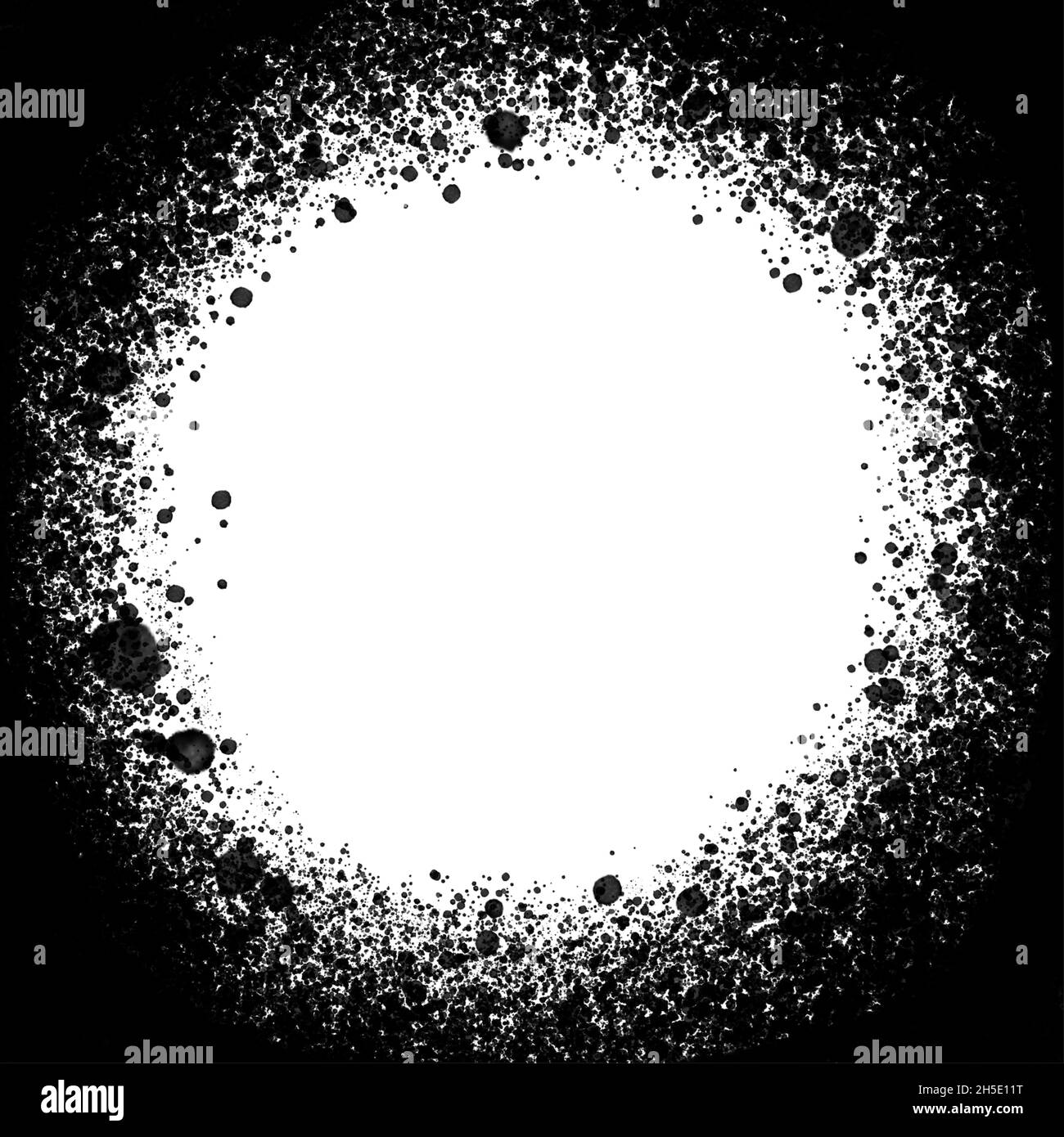 Black and white texture, round frame with paint splatter, chaotic paint