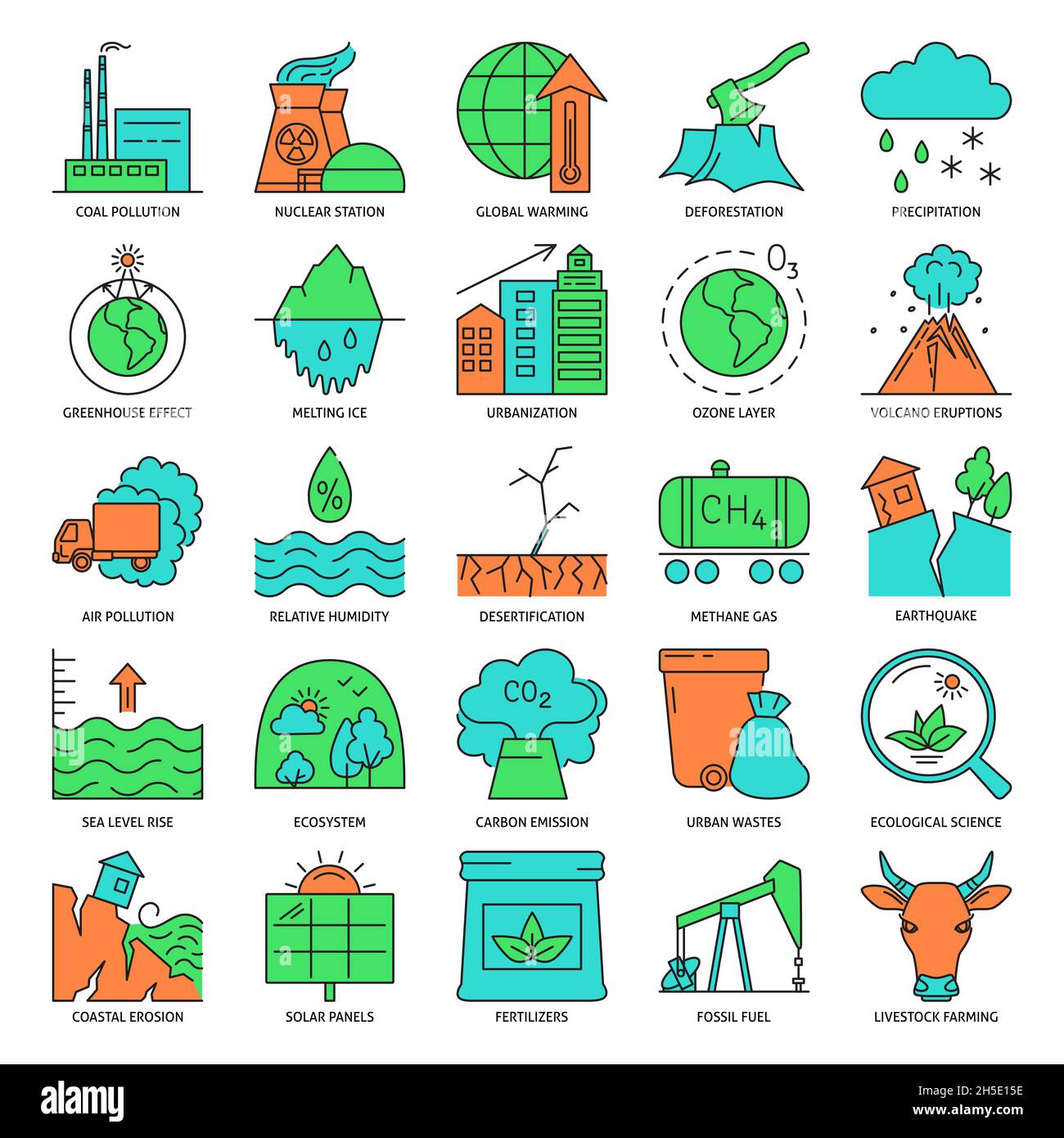 Global warming icon set in colored line style. Ecology problems and ...