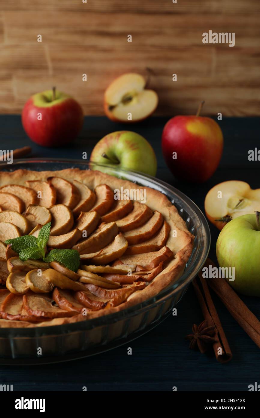 Concept of tasty food with apple pie on wooden table Stock Photo