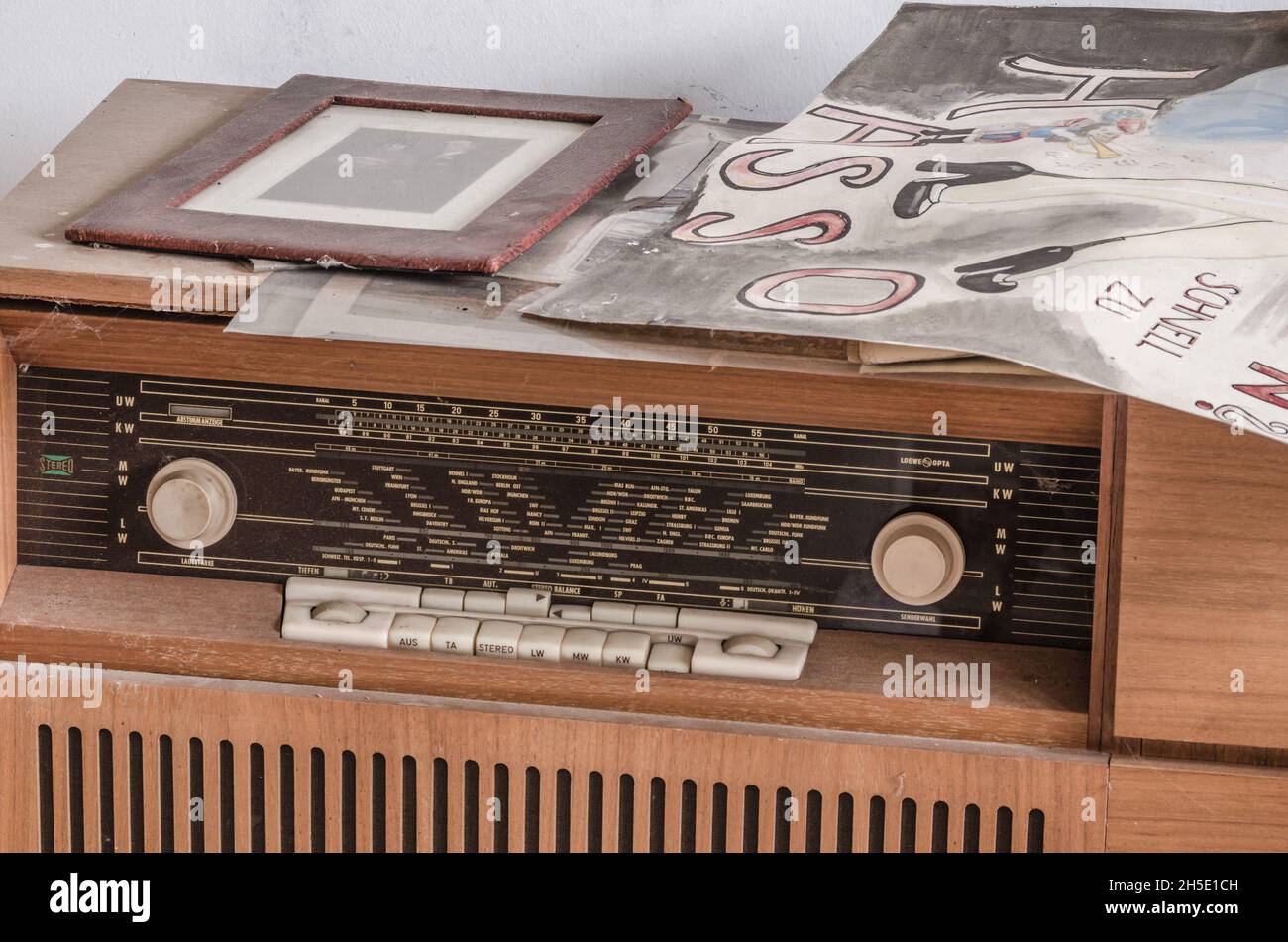 old radio from wood with picture Stock Photo