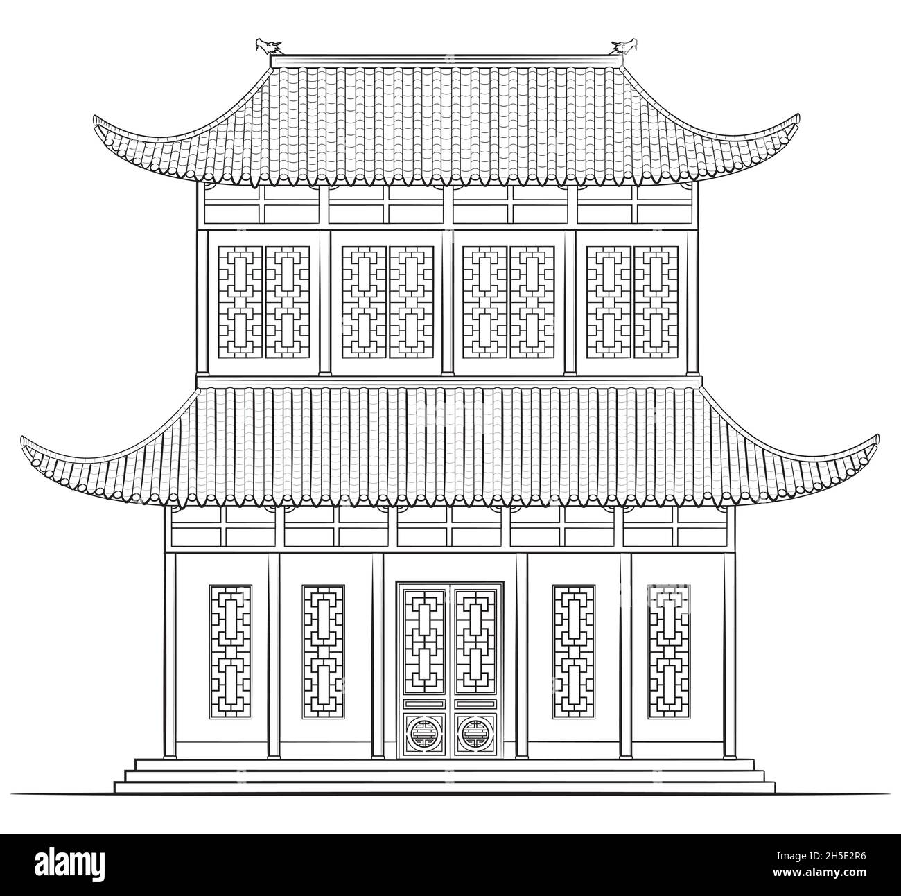 Drawing of classic chinese building - black and white illustration Stock Vector
