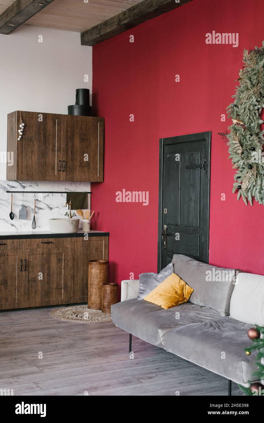 Christmas dining room interior with burgundy wall Stock Photo