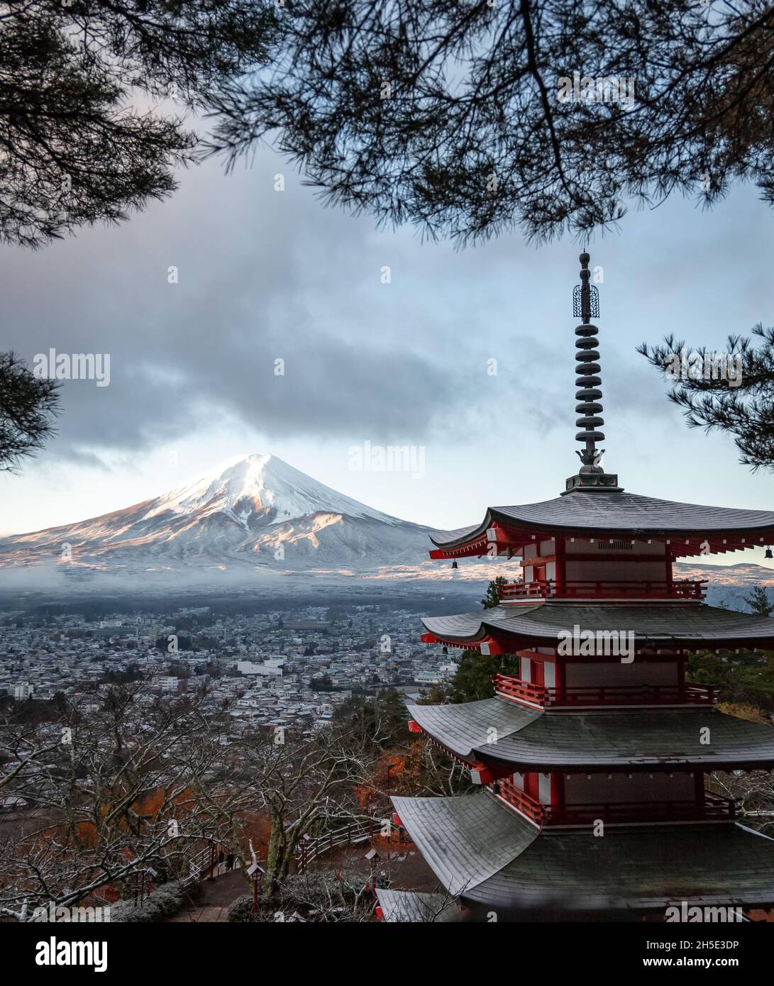 Mt. Fuji from Shimoyoshida - Arakurayama Sengen Park in Fujiyoshida Stock Photo