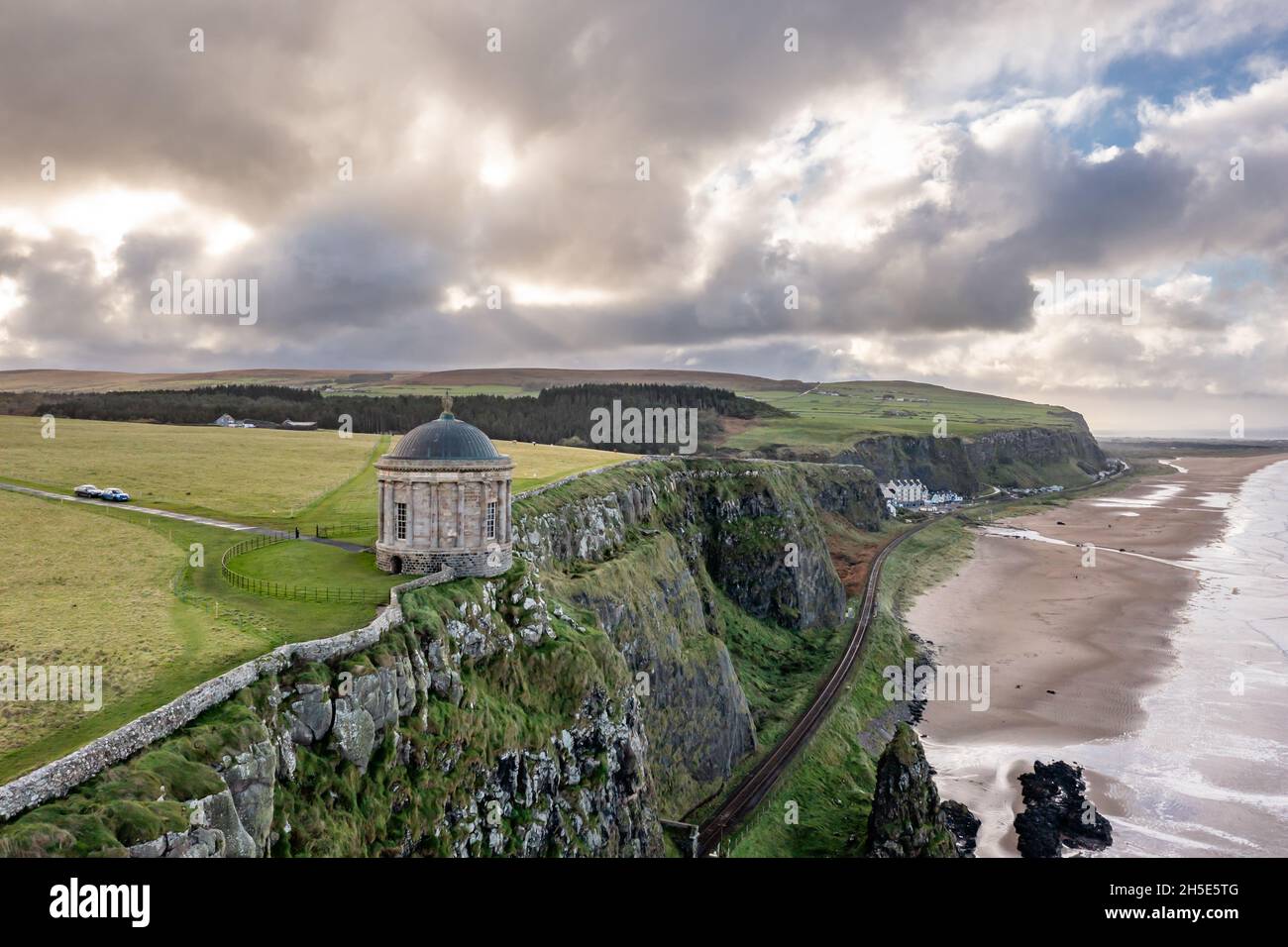 Aerial view of Downhill at the Mussenden Temple in County Londonderry