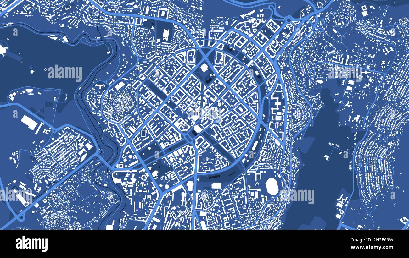 Detailed blue vector map poster of Yerevan city administrative area. Skyline panorama