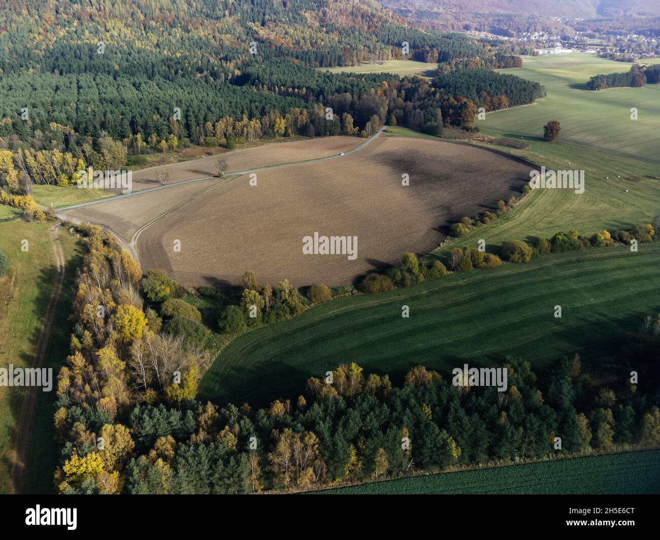Aerial view of the vast agricultural field in Coburg Bavaria, Germany ...