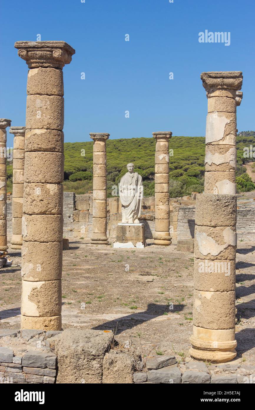 Statue of the Emperor Trajan in the Basilica beside the Forum at the ruins of the Roman town of Baelo Claudia, Tarifa, Bolonia, Andalusia, southern Sp Stock Photo