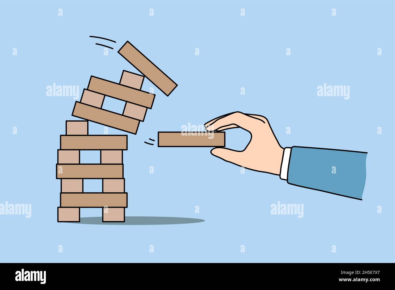 Man take wooden brick play wooden block jenga game. Businessman risk engaged in business startup or project. Male employee involved in playful activity. Mind brain train. Flat vector illustration.  Stock Vector