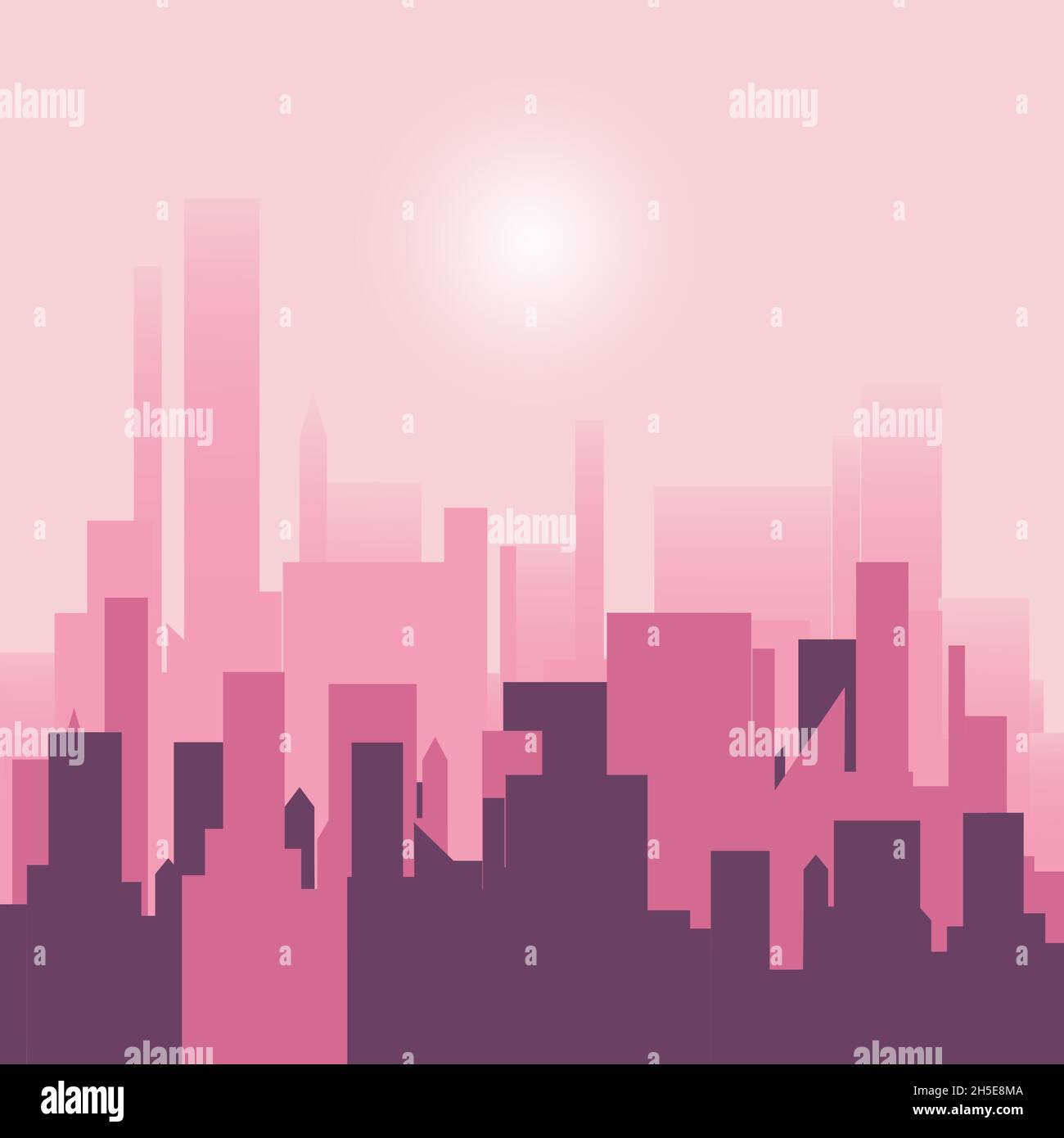 Urban landscape in a flat style. Silhouette of city buildings, vector background. Architecture of a modern city. Pink color. Vector illustration of Stock Vector
