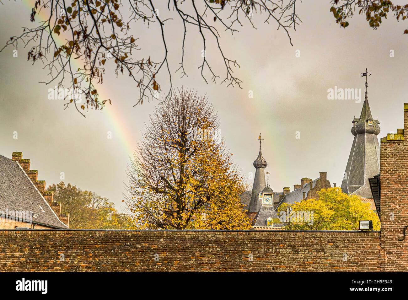 Rainbow over the castle. Doorwerth Castle houses three museums. Doorwerth, Netherlands Stock Photo