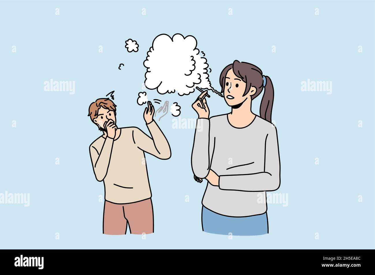 Woman smoking cigarette effect man passerby walking near. Male passive smoker cough because of