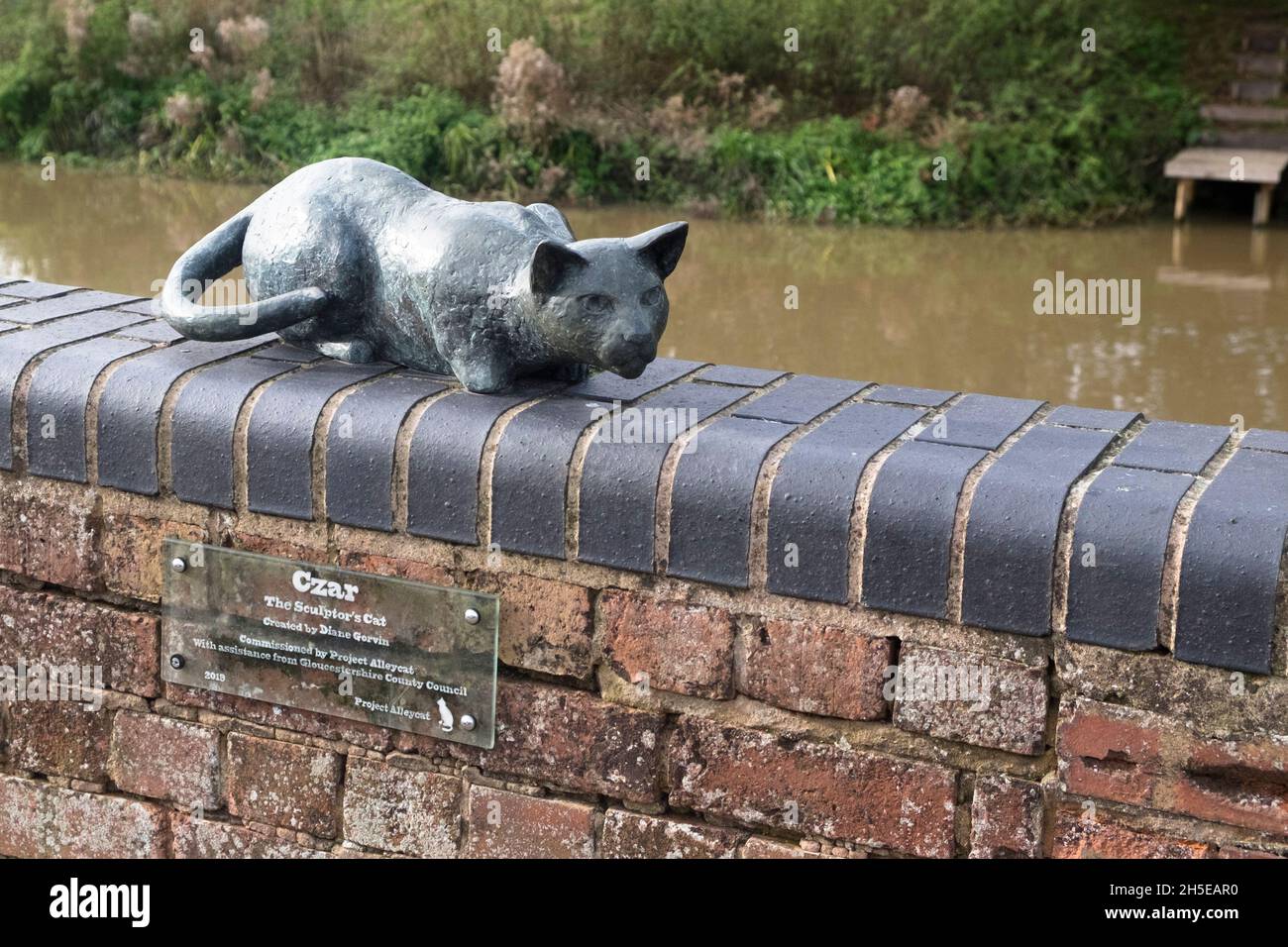 Tewkesbury is a small townon the River Severn in Gloucestershire UK. Czar the Sculptors cat Stock Photo