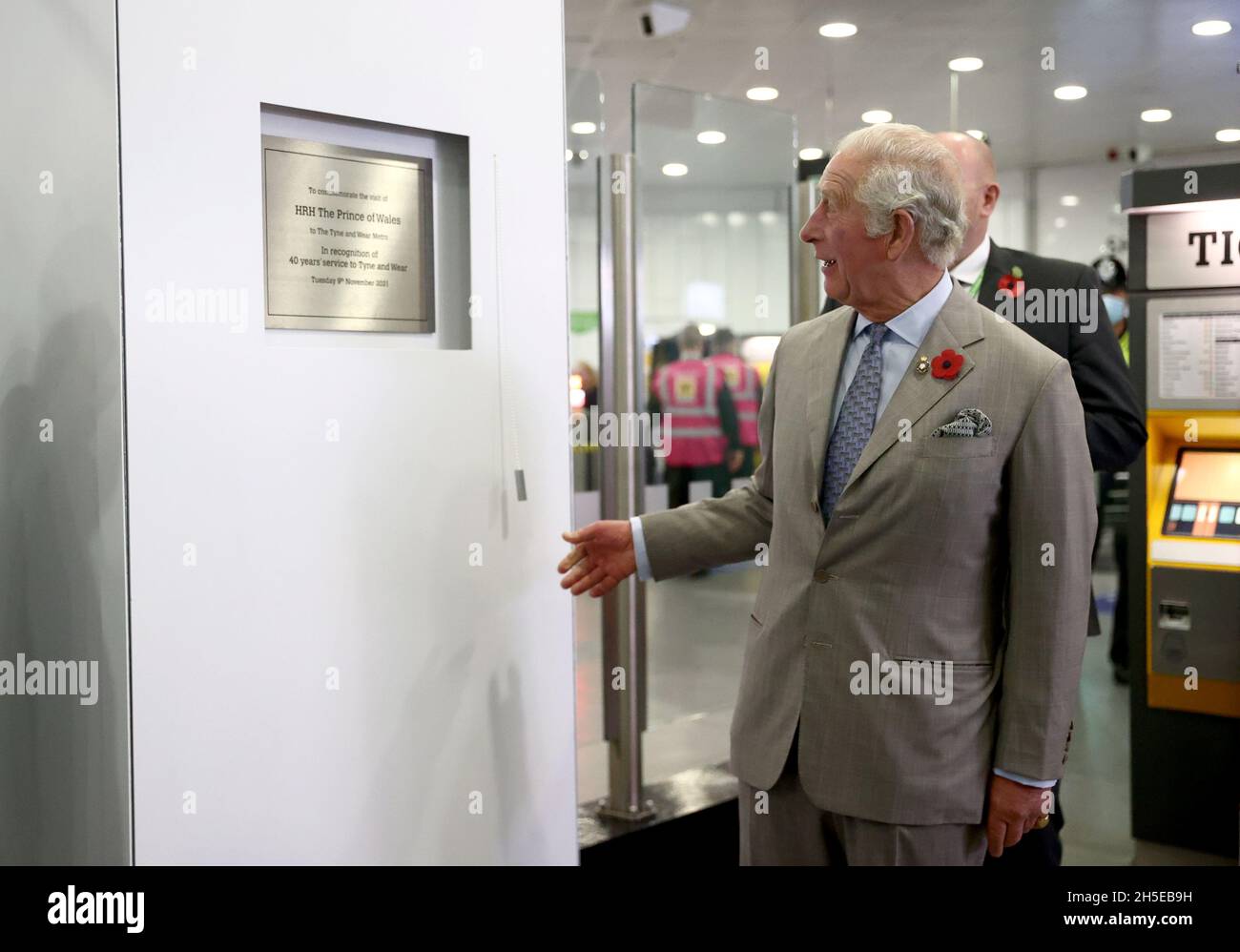 Britain's Prince Charles unveils a plaque during a visit to mark the 40th anniversary of the Nexus Tyne & Wear Metro at Haymarket Station in Newcastle upon Tyne, Britain, November 9, 2021. REUTERS/Hannah McKay/Pool? Stock Photo
