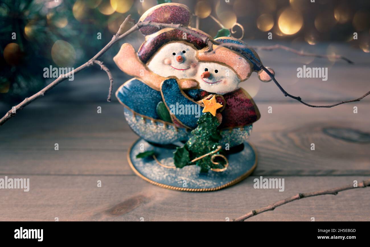 Christmas background with two happy snowmen Stock Photo