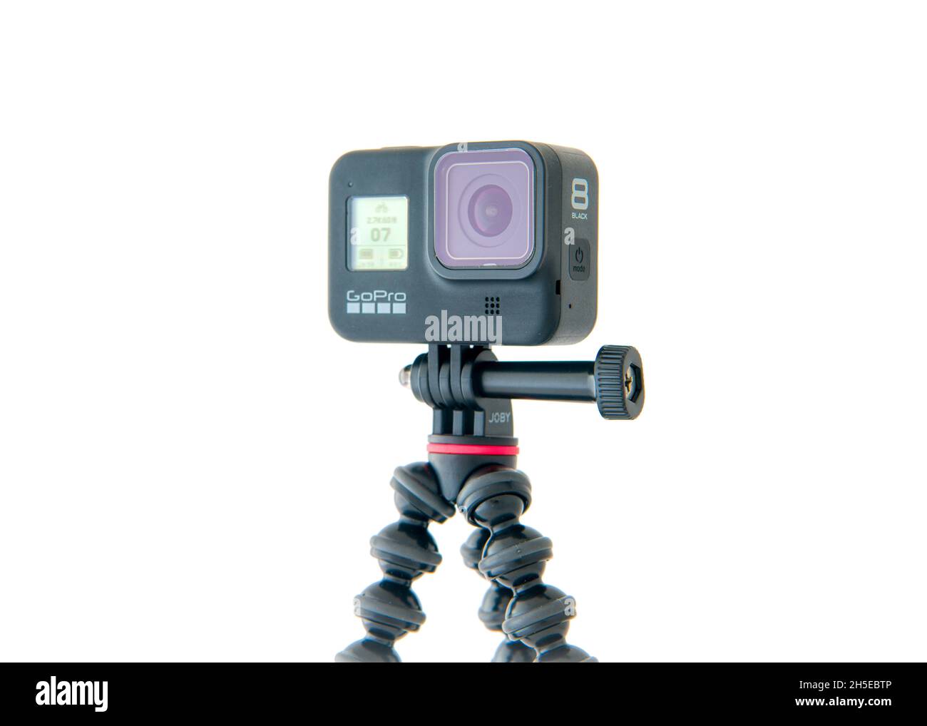 Chester, United Kingdom - 31st January 2021 : A GoPro Hero 8 Black action video camera mounted on a GorillaPod tripod from Joby Stock Photo