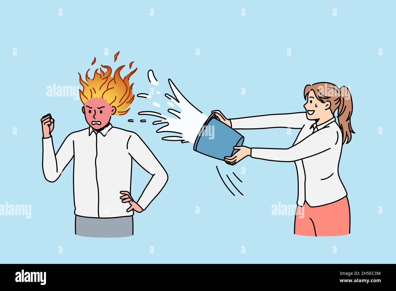 Woman pour water to male colleague head burning in flames suffering from burnout at work. Female calm down man coworker, thinking brainstorming heavily. Job stress. Vector illustration.  Stock Vector
