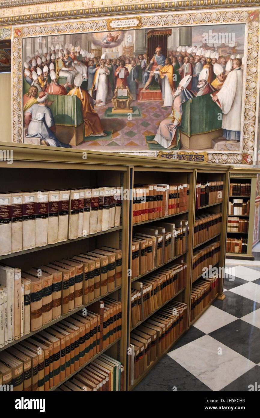 The Sistine Hall of the Vatican Library on November 8, 2021. The Apostolic Library is opening up to the public for the first time with a dedicated space for temporary exhibitions of contemporary art by Italian artist Pietro Ruffo. The exhibit goes under the title âEveryone: Humanity on its way, recalls the Pope s encyclical Fratelli tutti, and turns part of the space into âa lush tropical forest.â It offers a journey through historic artefacts from the Library concluding with utopic and allegorical maps created by Pietro Ruffo. Photo: Eric Vandeville/ABACAPRESS.COM Stock Photo