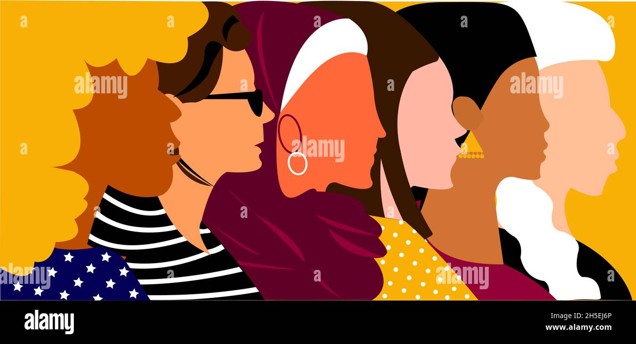 Flat illustration about sisterhood, bond, diversity, inclusion and togetherness without any difference. Side face of group of woman and girls, diverse Stock Vector