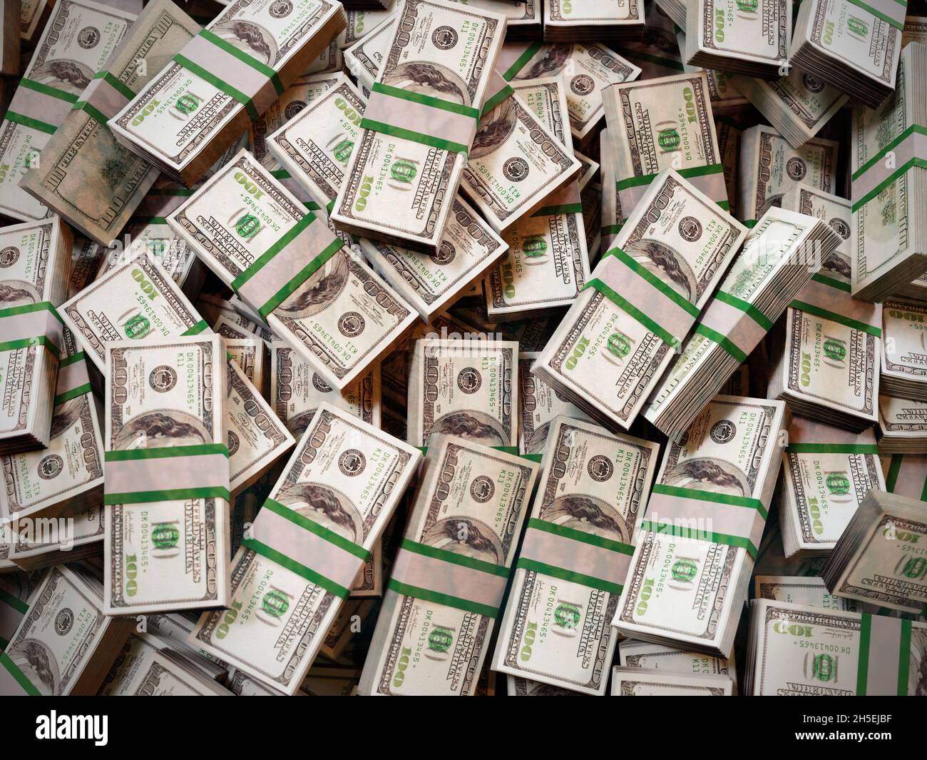 3D rendering of pile of 100 dollar bill wads shot from above Stock Photo