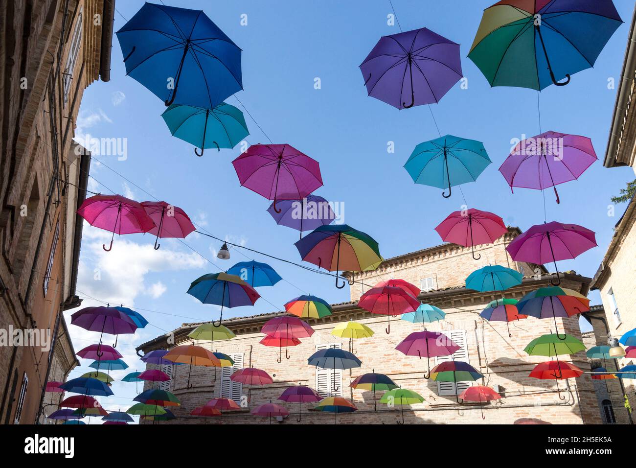 Old Town, Sky of colorful umbrellas, Monte San Giusto; Marche, Italy, Europe Stock Photo