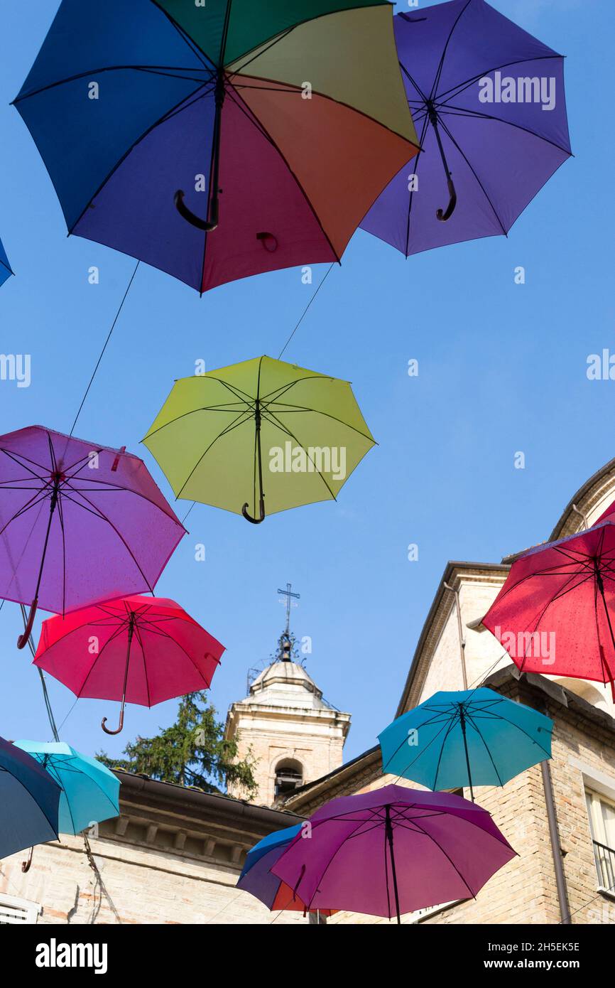 Old Town, Sky of colorful umbrellas, Monte San Giusto; Marche, Italy, Europe Stock Photo
