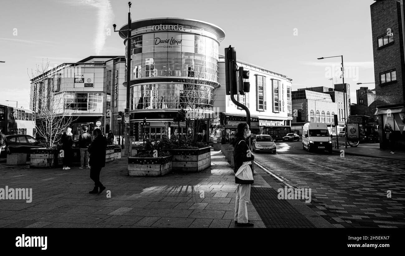 Kingston Upon Thames London England UK November 5 2021, Modern Architecture Of Kingston Odeon With People Waiting To Cross The Road At Traffic Lights Stock Photo