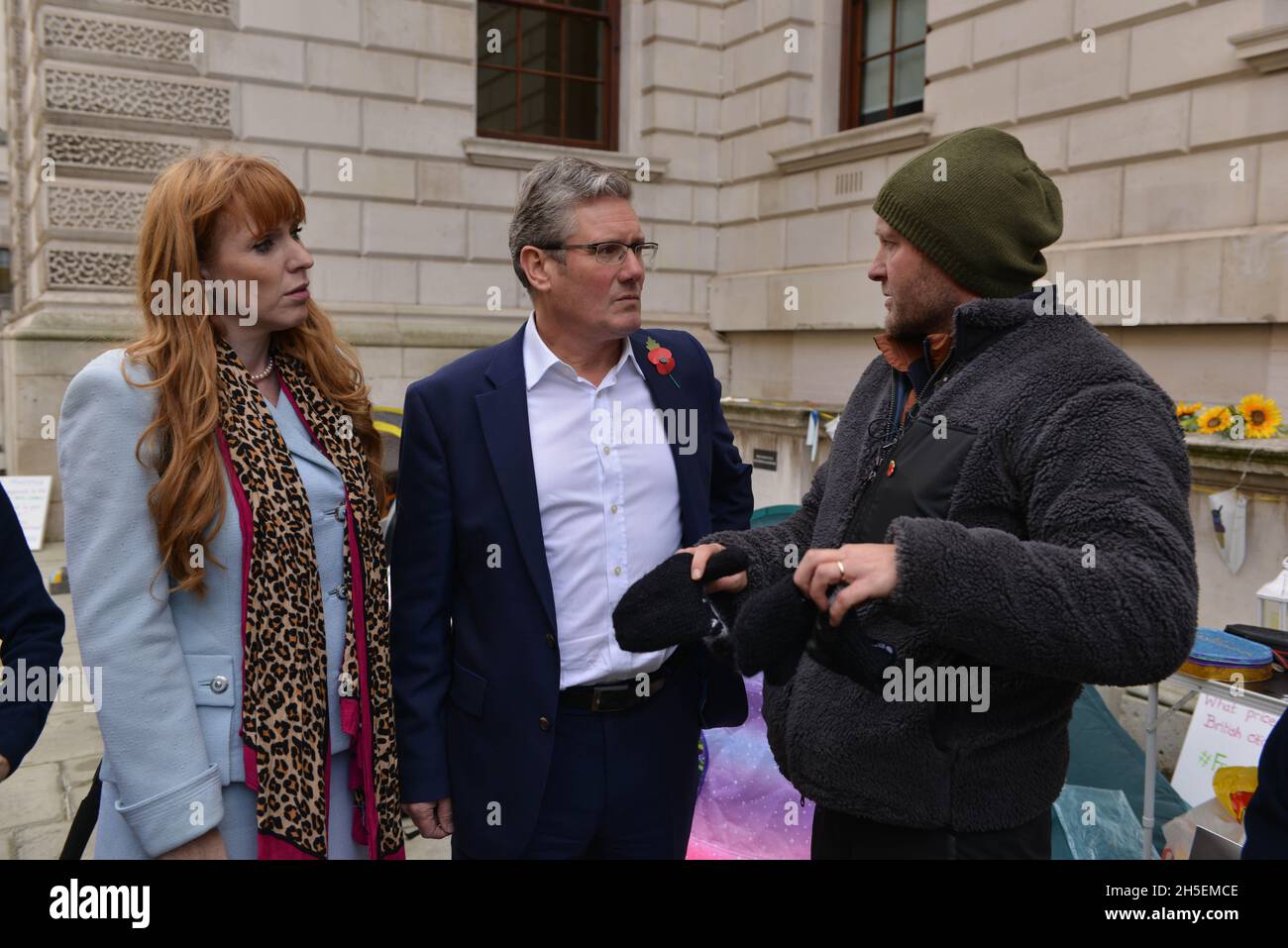 London, UK. 9th Nov, 2021. Labour leader Sir Keir Starmer and his deputy Angela Rayner meet Richard Ratcliffe on his 17th day of hunger strike opposite the Foreign, Commonwealth and Development Office. Credit: Thomas Krych/Alamy Live News Stock Photo