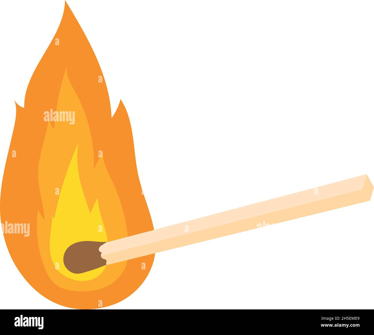 Cartoon burning match. Flammable vintage matchstick with light of fire