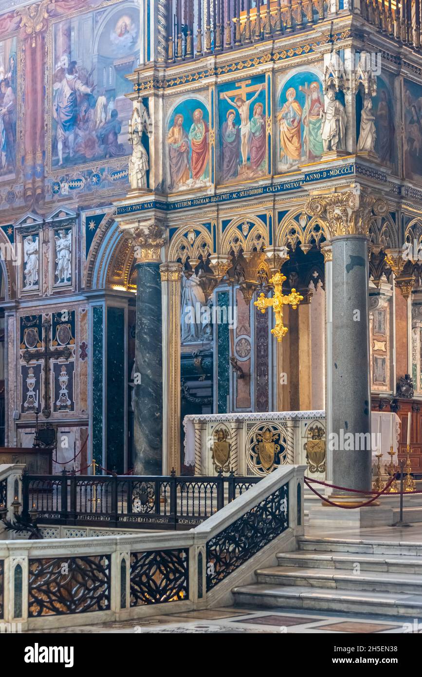 Interior view of catholic church in Rome decorated with beautiful medieval frescoes Stock Photo